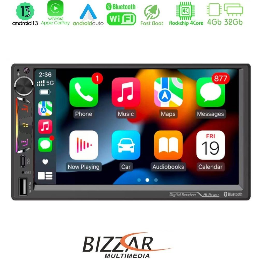Bizzar 2DIN Deck 4core Android13 4+32GB Navigation Multimedia Deckless 7" με Carplay/AndroidAuto