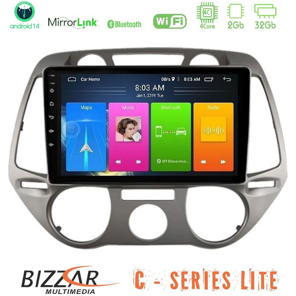 Bizzar C Series Lite 4Core Android14 2+32GB  Hyundai i20 2009-2012 Manual A/C Navigation Multimedia Tablet 9"