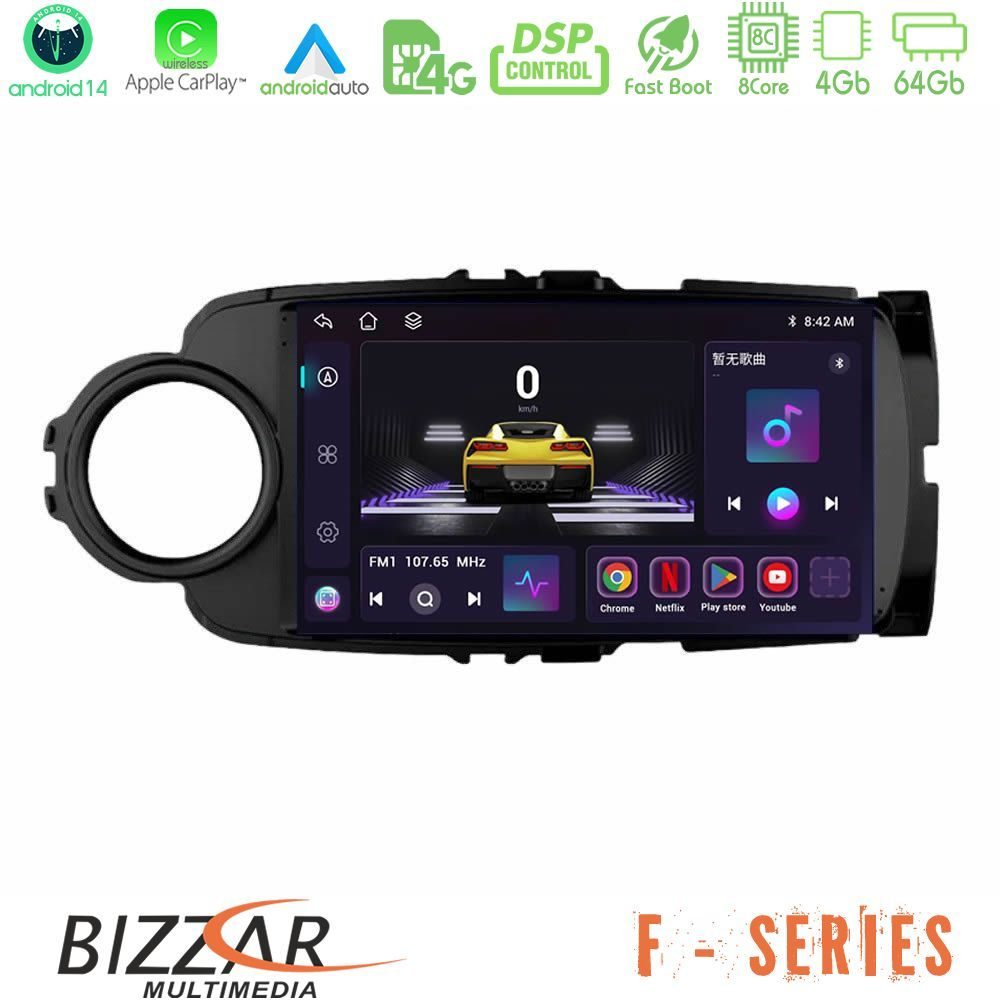 Bizzar F Series 8Core Android14 4+64GB  Toyota Yaris Navigation Multimedia Tablet 9" (Μαύρο Χρώμα) Με Carplay & Android Auto