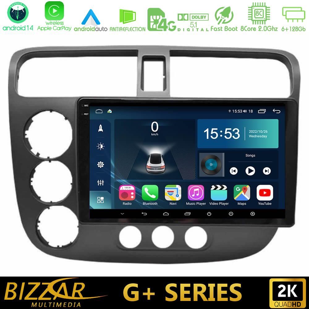 Bizzar G+ Series Honda Civic 2001-2005 8core Android14 6+128GB Navigation Multimedia Tablet 9"
