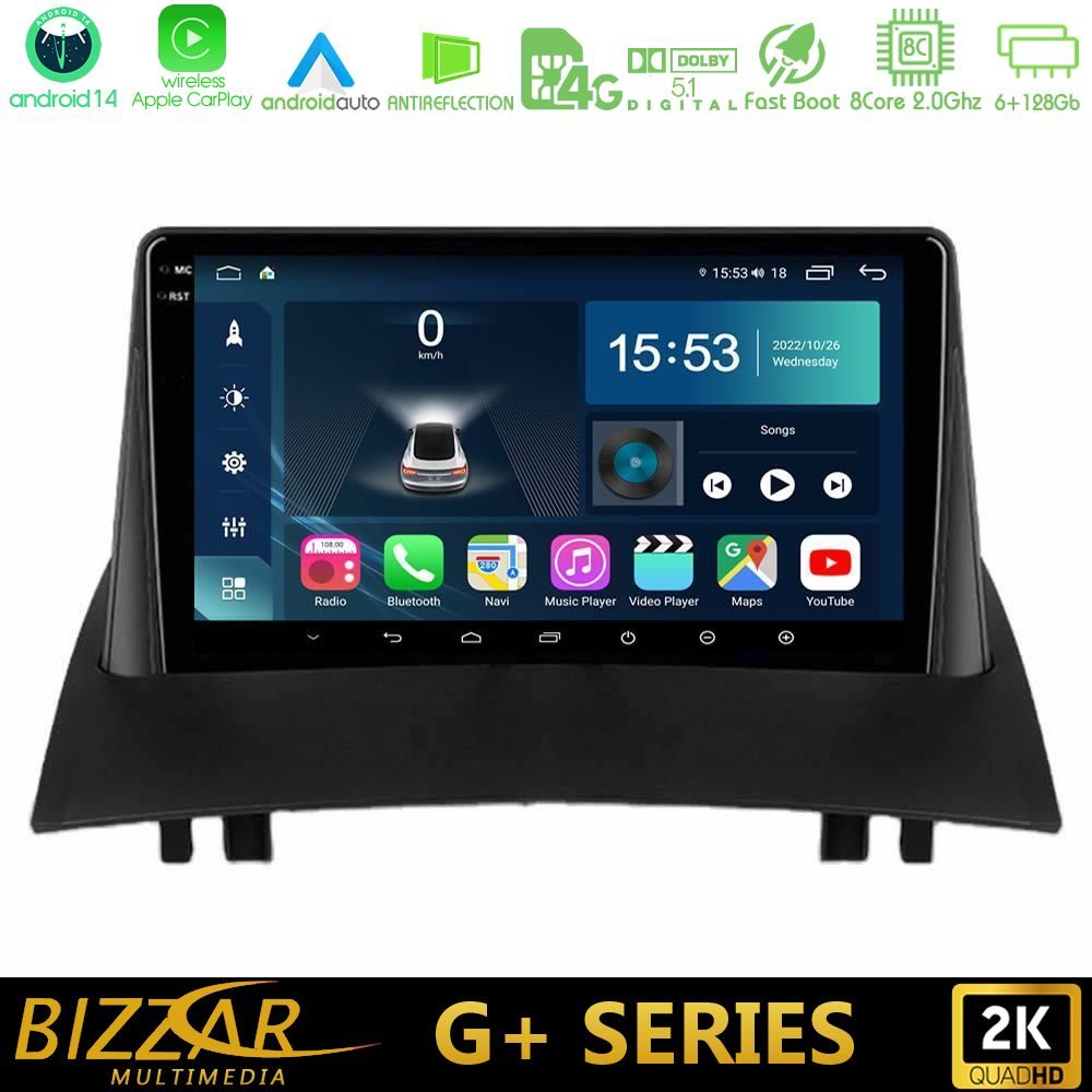 Bizzar G+ Series Renault Megane 2 2002-2008 8Core Android14 6+128GB Navigation Multimedia Tablet 9"