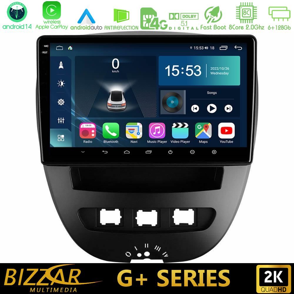 Bizzar G+ Series Toyota Aygo/Citroen C1/Peugeot 107 8core Android14 6+128GB Navigation Multimedia Tablet 10"