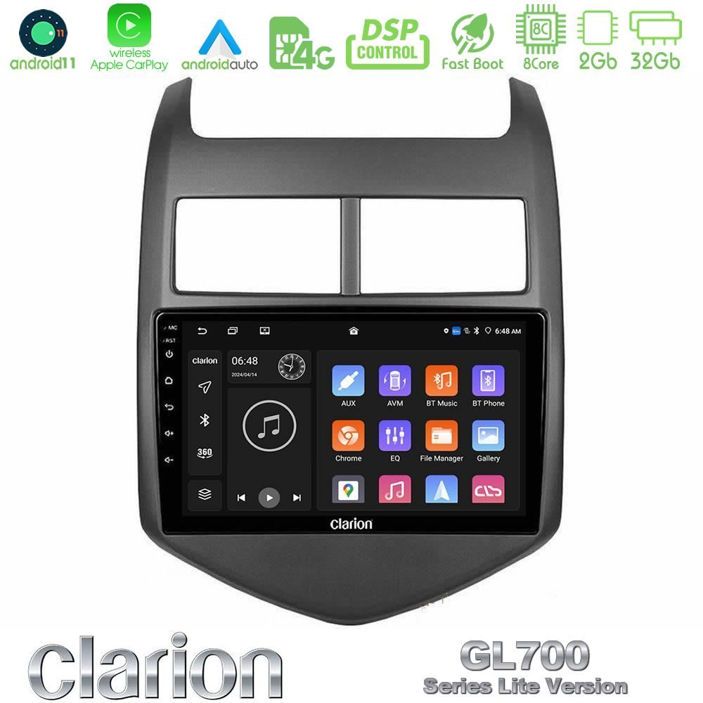 Clarion GL700 Lite Series 8Core Android11 2+32GB Chevrolet Aveo 2011-2017 Navigation Multimedia Tablet 9" Με Carplay & Android Auto