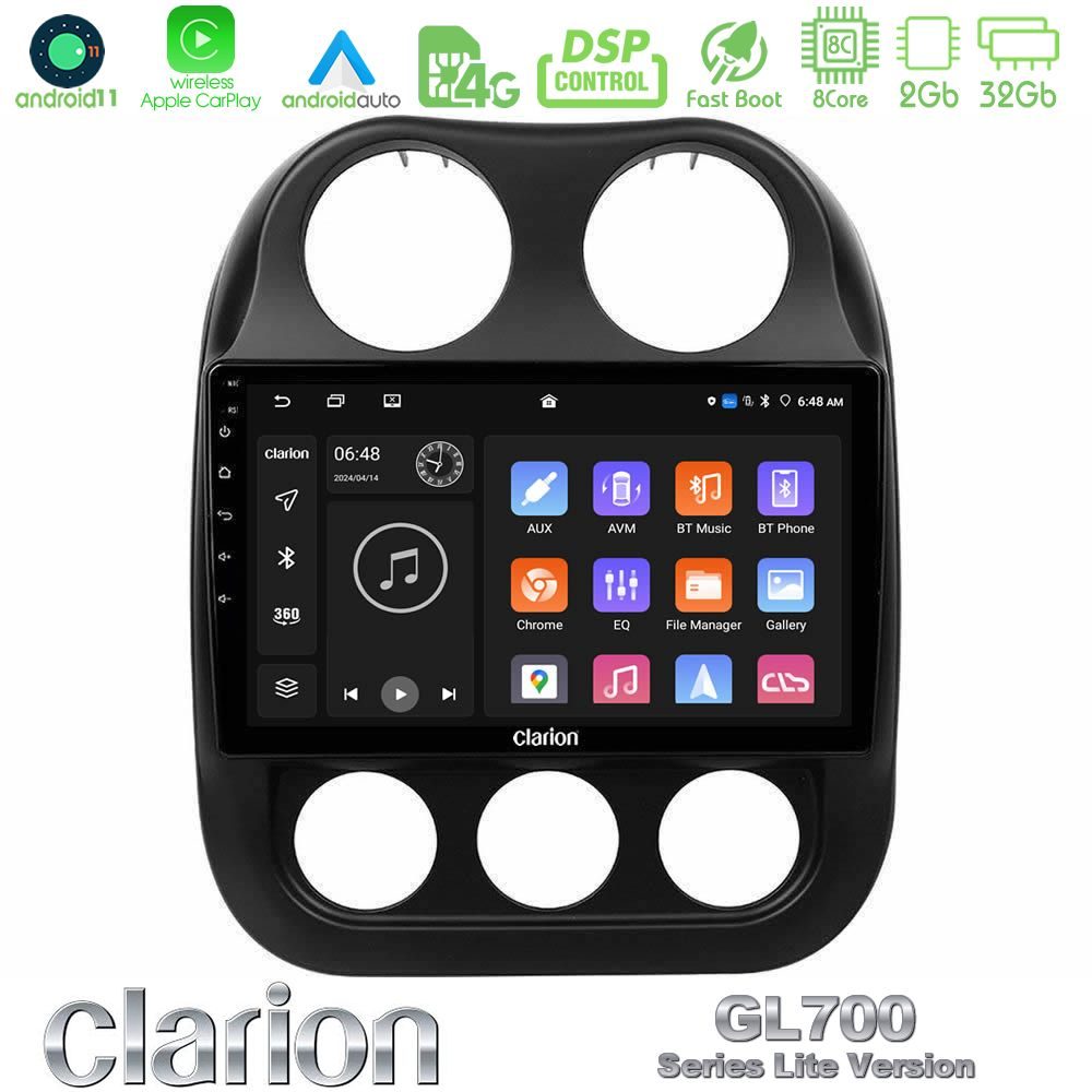 Clarion GL700 Lite Series 8Core Android11 2+32GB Jeep Compass 2012-2016 Navigation Multimedia Tablet 10" Με Carplay & Android Auto