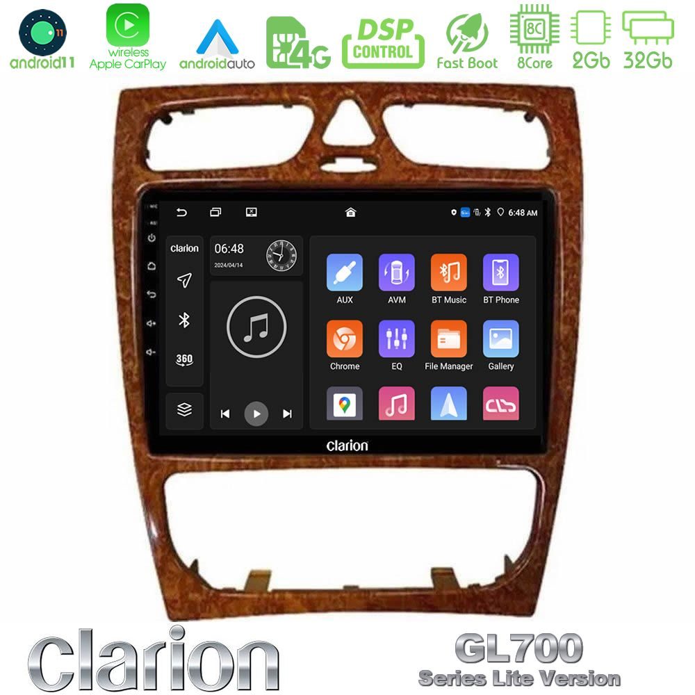 Clarion GL700 Lite Series 8Core Android11 2+32GB Mercedes C Class (W203) Navigation Multimedia Tablet 9" (Wooden Style) Με Carplay & Android Auto
