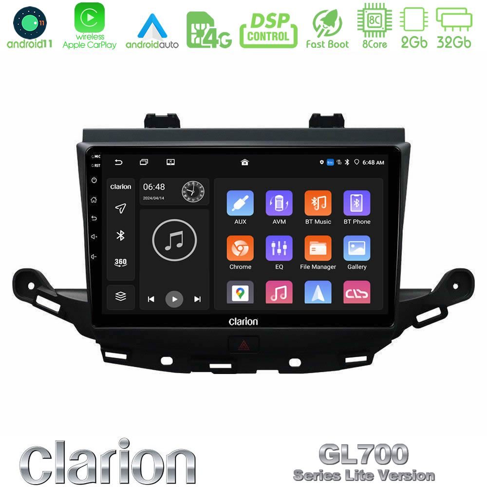 Clarion GL700 Lite Series 8Core Android11 2+32GB Opel Astra K 2015-2019 Navigation Multimedia Tablet 9" Με Carplay & Android Auto