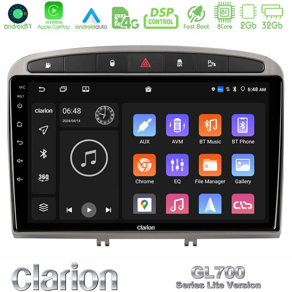 Clarion GL700 Lite Series 8Core Android11 2+32GB Peugeot 308/RCZ Navigation Multimedia Tablet 9" (Ασημί Χρώμα) Με Carplay & Android Auto