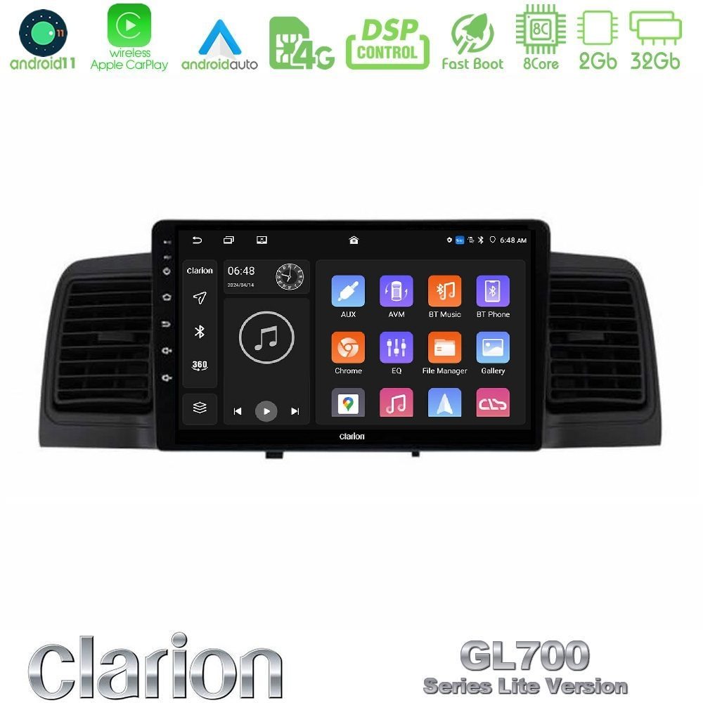 Clarion GL700 Lite Series 8Core Android11 2+32GB Toyota Corolla 2002-2006 Navigation Multimedia Tablet 9" Με Carplay & Android Auto