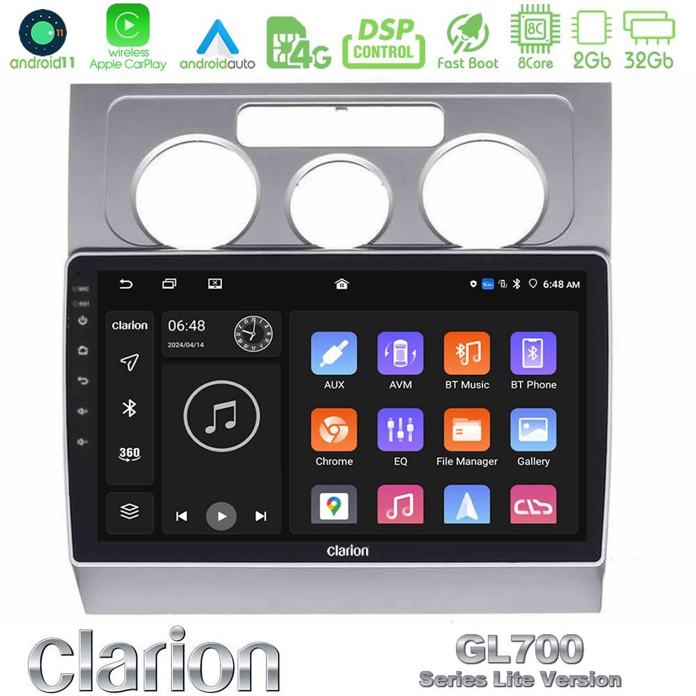 Clarion GL700 Lite Series 8Core Android11 2+32GB VW Touran 2003-2011 Navigation Multimedia Tablet 10" Με Carplay & Android Auto