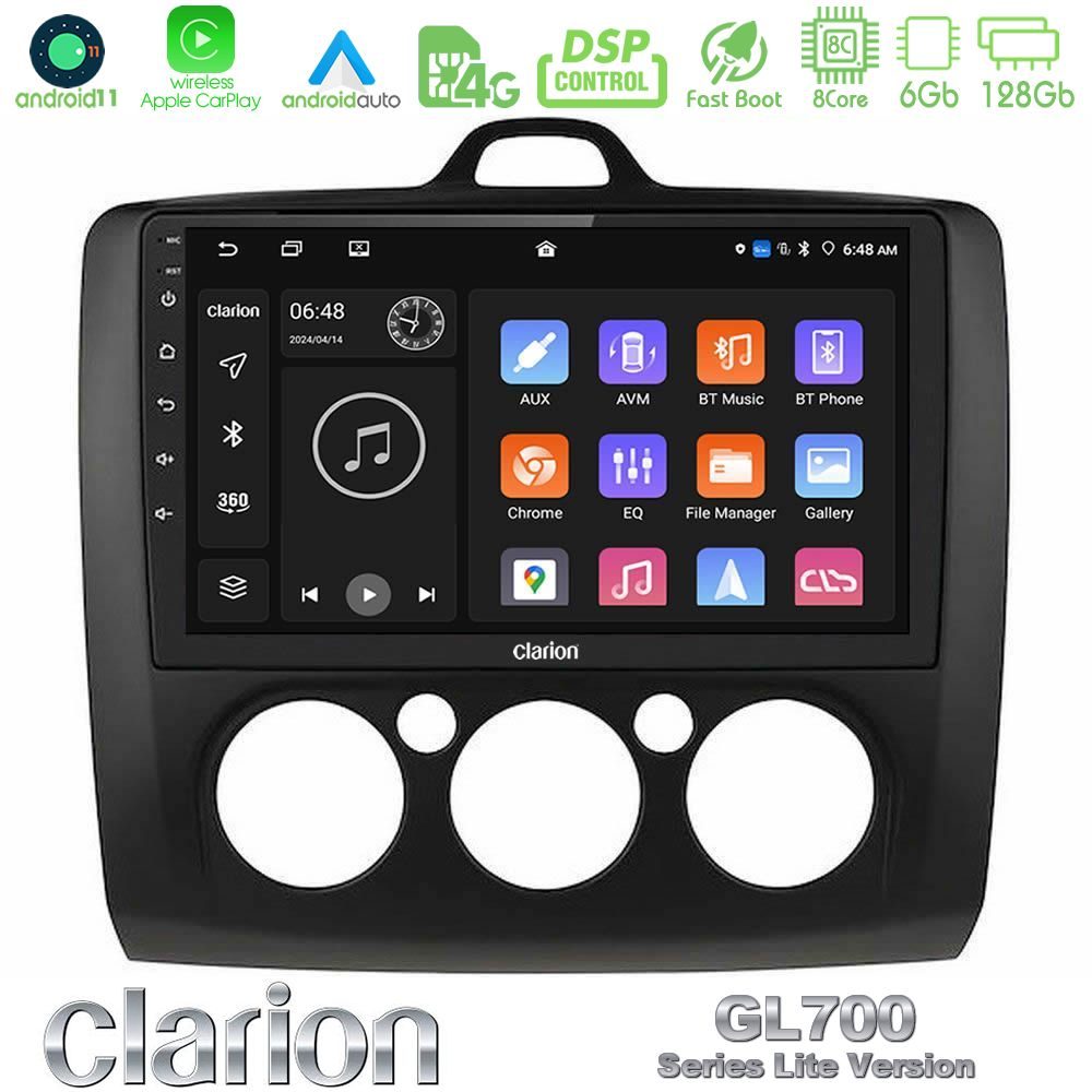 Clarion GL700 Lite Series 8Core Android11 6+128GB Ford Focus Manual AC Navigation Multimedia Tablet 9" (Μαύρο Χρώμα) Με Carplay & Android Auto