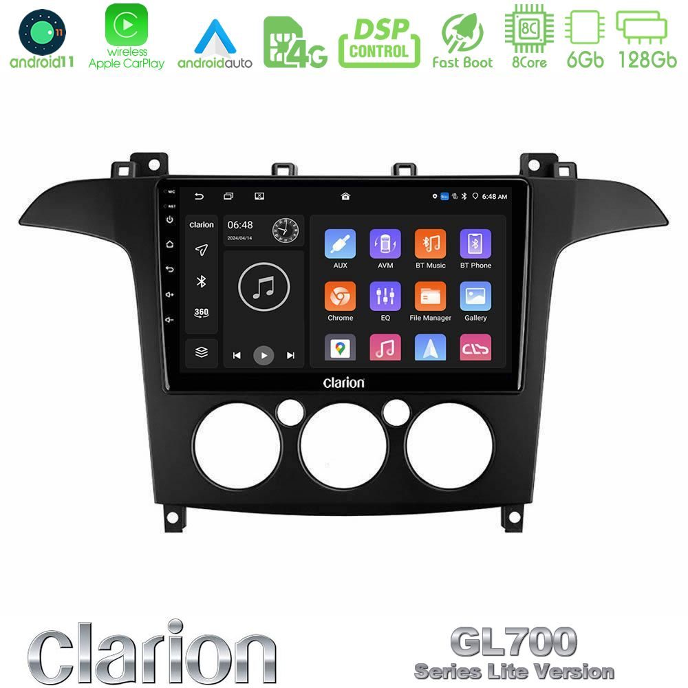 Clarion GL700 Lite Series 8Core Android11 6+128GB Ford S-Max 2006-2008 (manual A/C) Navigation Multimedia Tablet 9" Με Carplay & Android Auto