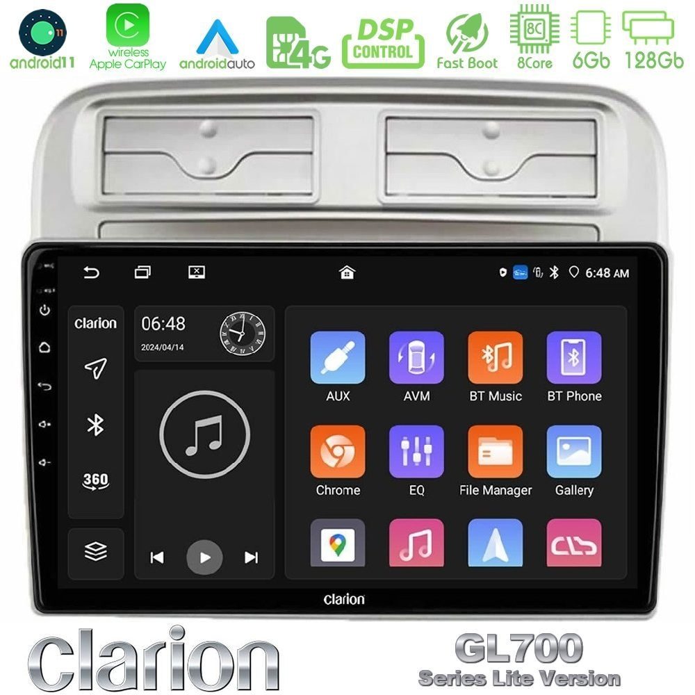 Clarion GL700 Lite Series 8Core Android11 6+128GB Fiat Grande Punto 2006-2011 Navigation Multimedia Tablet 9" Με Carplay & Android Auto