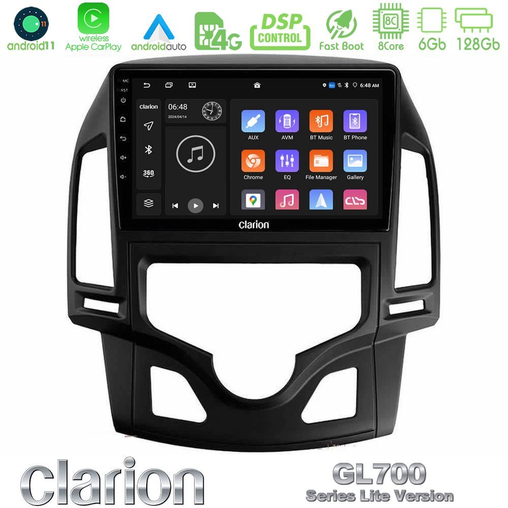 Clarion GL700 Lite Series 8Core Android11 6+128GB Hyundai i30 2007-2012 Auto A/C Navigation Multimedia Tablet 9" Με Carplay & Android Auto