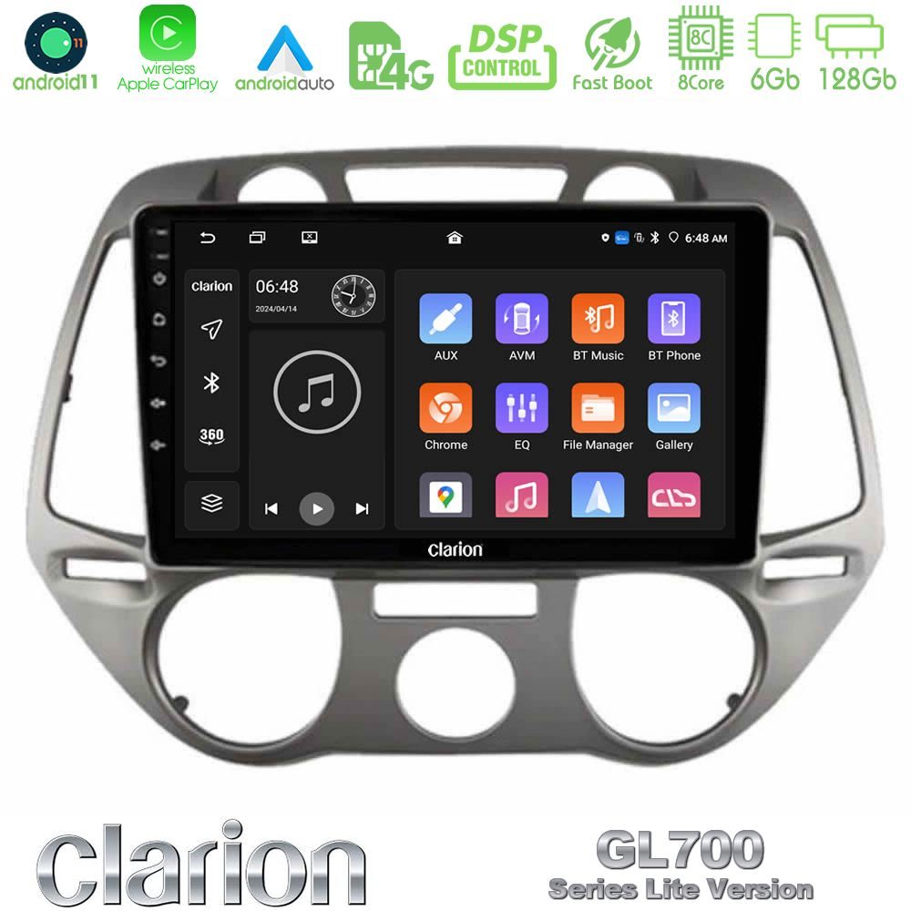 Clarion GL700 Lite Series 8Core Android11 6+128GB Hyundai i20 2009-2012 Manual A/C Navigation Multimedia Tablet 9" Με Carplay & Android Auto