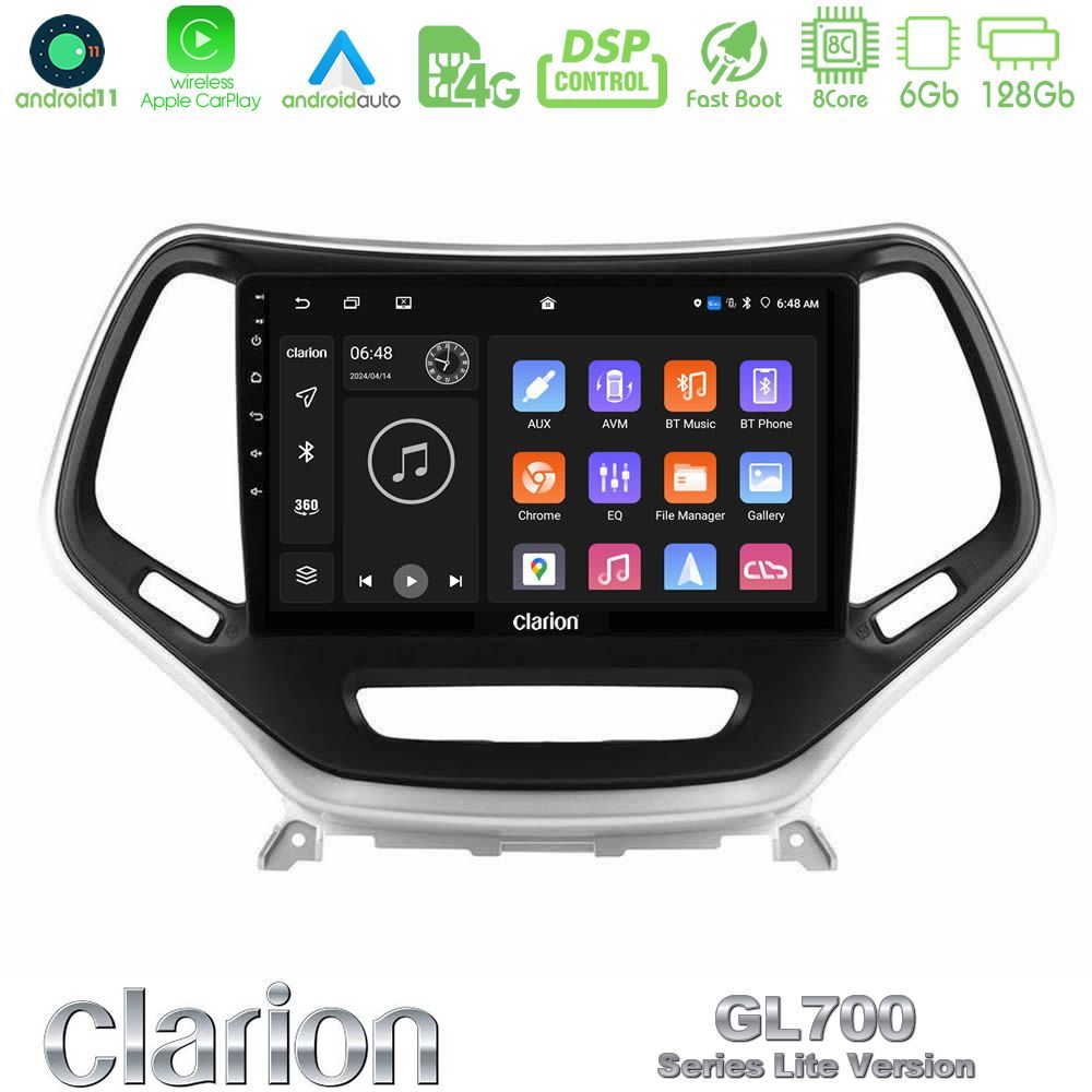 Clarion GL700 Lite Series 8Core Android11 6+128GB Jeep Cherokee 2014-2019 Navigation Multimedia Tablet 9" (Ασημί Χρώμα) Με Carplay & Android Auto