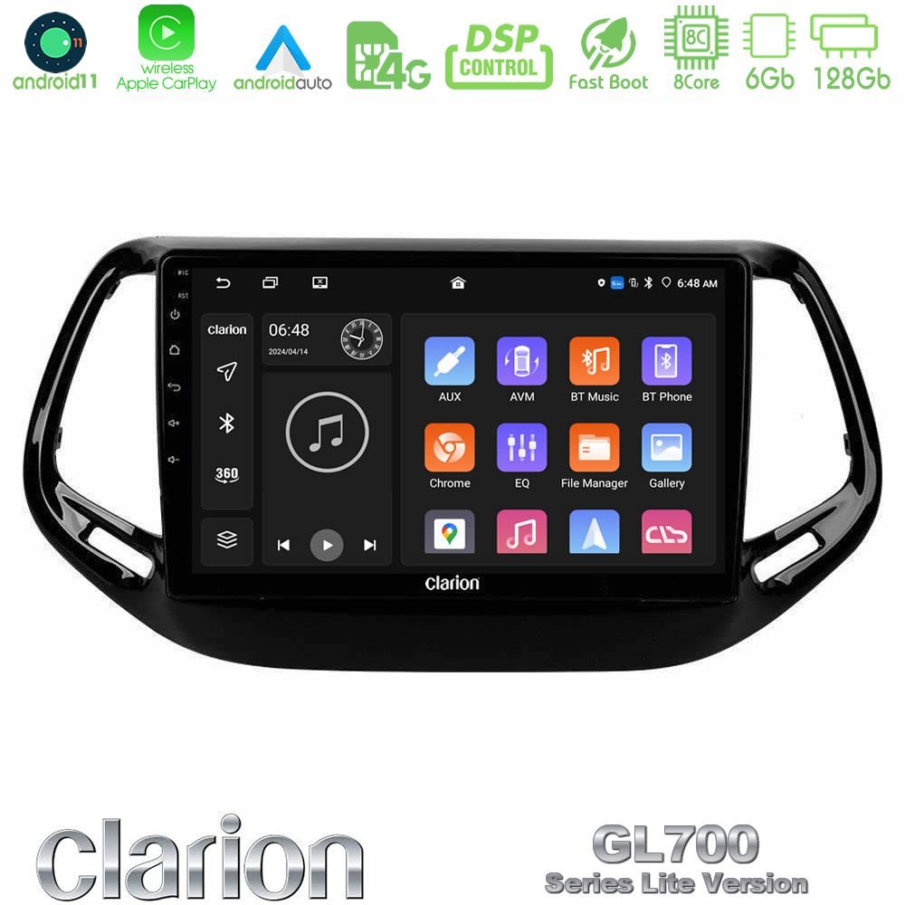 Clarion GL700 Lite Series 8Core Android11 6+128GB Jeep Compass 2017> Navigation Multimedia Tablet 10" Με Carplay & Android Auto