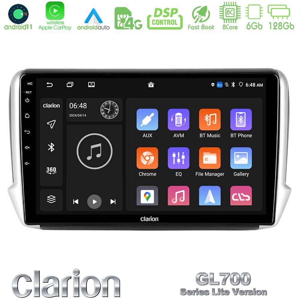 Clarion GL700 Lite Series 8Core Android11 6+128GB Peugeot 208/2008 Navigation Multimedia Tablet 10" Με Carplay & Android Auto