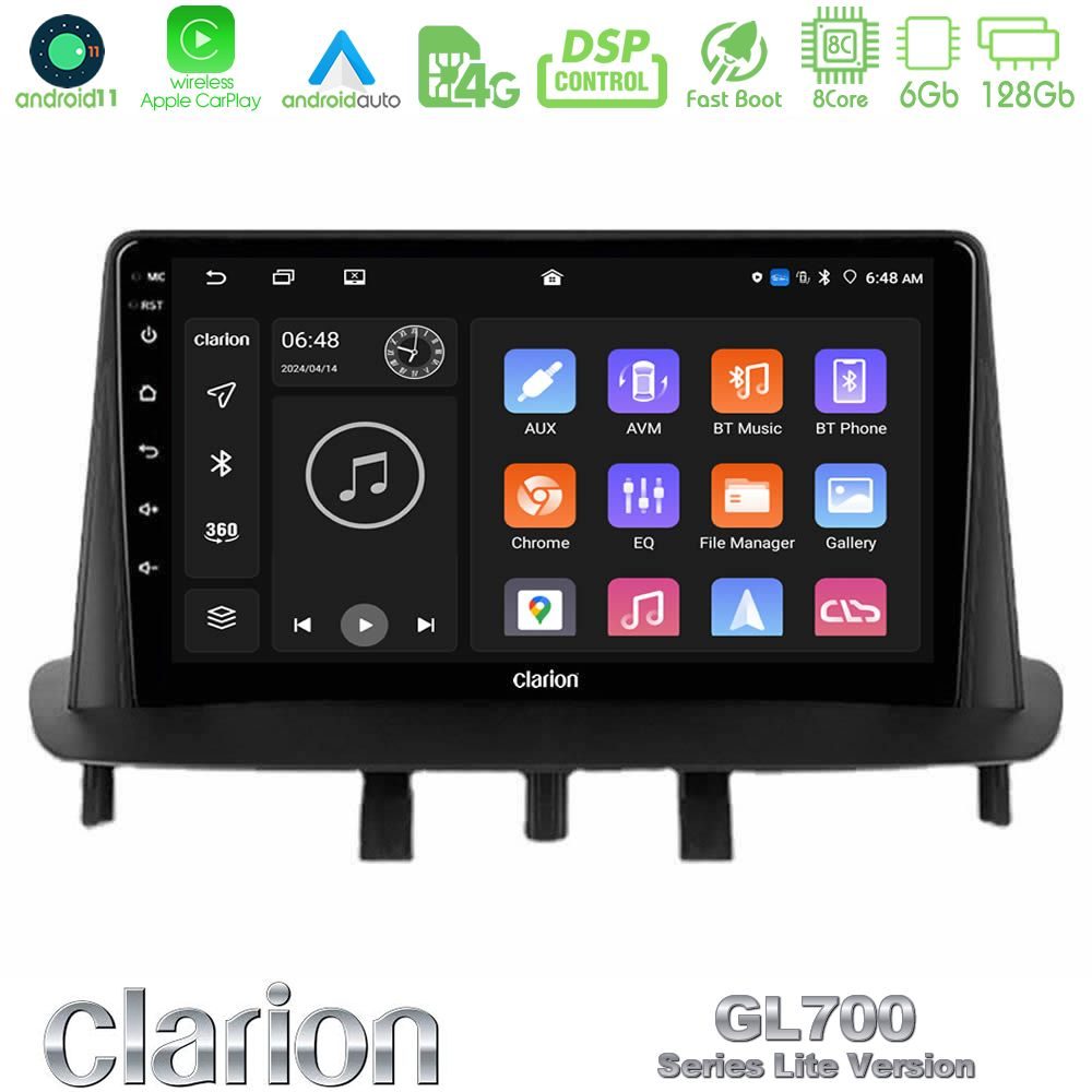 Clarion GL700 Lite Series 8Core Android11 6+128GB Renault Megane 3 2009-2015 Navigation Multimedia Tablet 9" Με Carplay & Android Auto