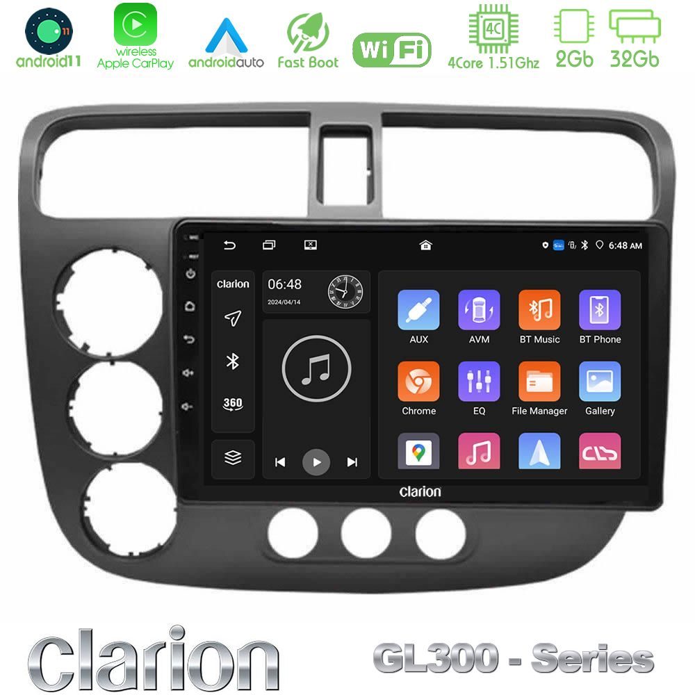 Clarion GL300 Series 4Core Android11 2+32GB Honda Civic 2001-2005 Navigation Multimedia Tablet 9" Με Carplay & Android Auto
