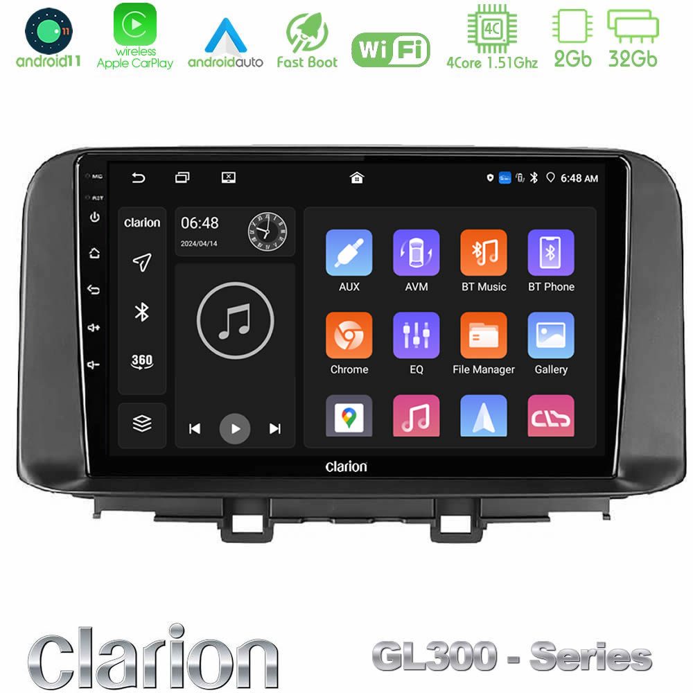 Clarion GL300 Series 4Core Android11 2+32GB Hyundai Kona 2018-2023 Navigation Multimedia Tablet 10" Με Carplay & Android Auto