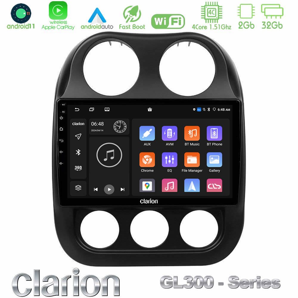 Clarion GL300 Series 4Core Android11 2+32GB Jeep Compass 2012-2016 Navigation Multimedia Tablet 10" Με Carplay & Android Auto