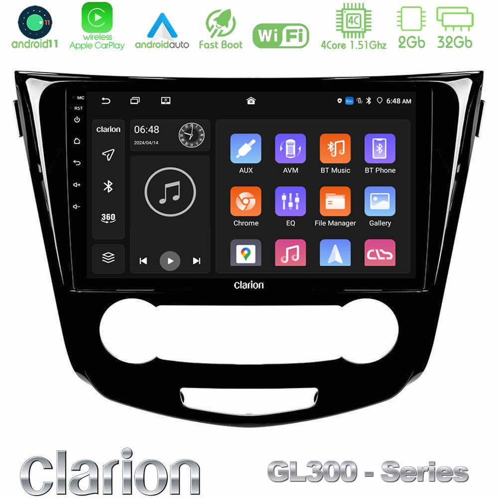 Clarion GL300 Series 4Core Android11 2+32GB Nissan Qashqai J11 (Manual A/C) Navigation Multimedia Tablet 10" Με Carplay & Android Auto