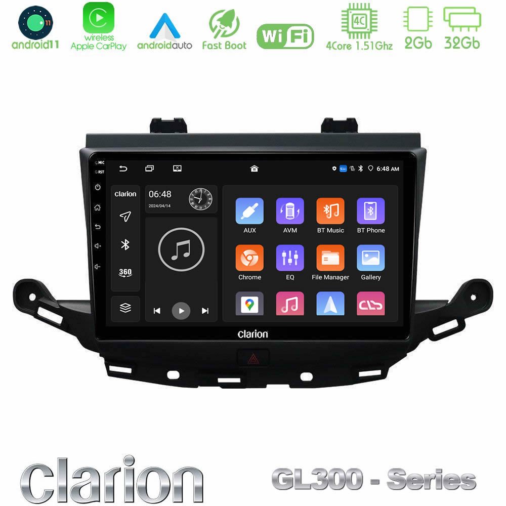Clarion GL300 Series 4Core Android11 2+32GB Opel Astra K 2015-2019 Navigation Multimedia Tablet 9" Με Carplay & Android Auto