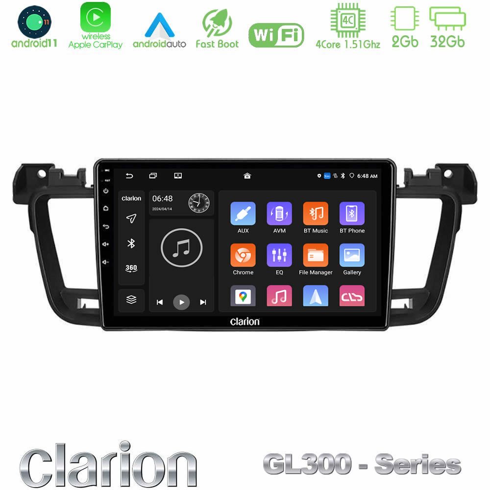 Clarion GL300 Series 4Core Android11 2+32GB Peugeot 508 2010-2018 Navigation Multimedia Tablet 9" Με Carplay & Android Auto