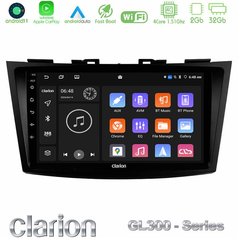 Clarion GL300 Series 4Core Android11 2+32GB Suzuki Swift 2011-2016 Navigation Multimedia Tablet 9" Με Carplay & Android Auto