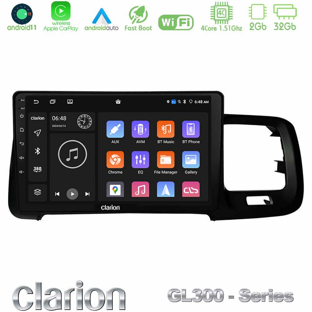 Clarion GL300 Series 4Core Android11 2+32GB Volvo S60 2010-2018 Navigation Multimedia Tablet 9" Με Carplay & Android Auto