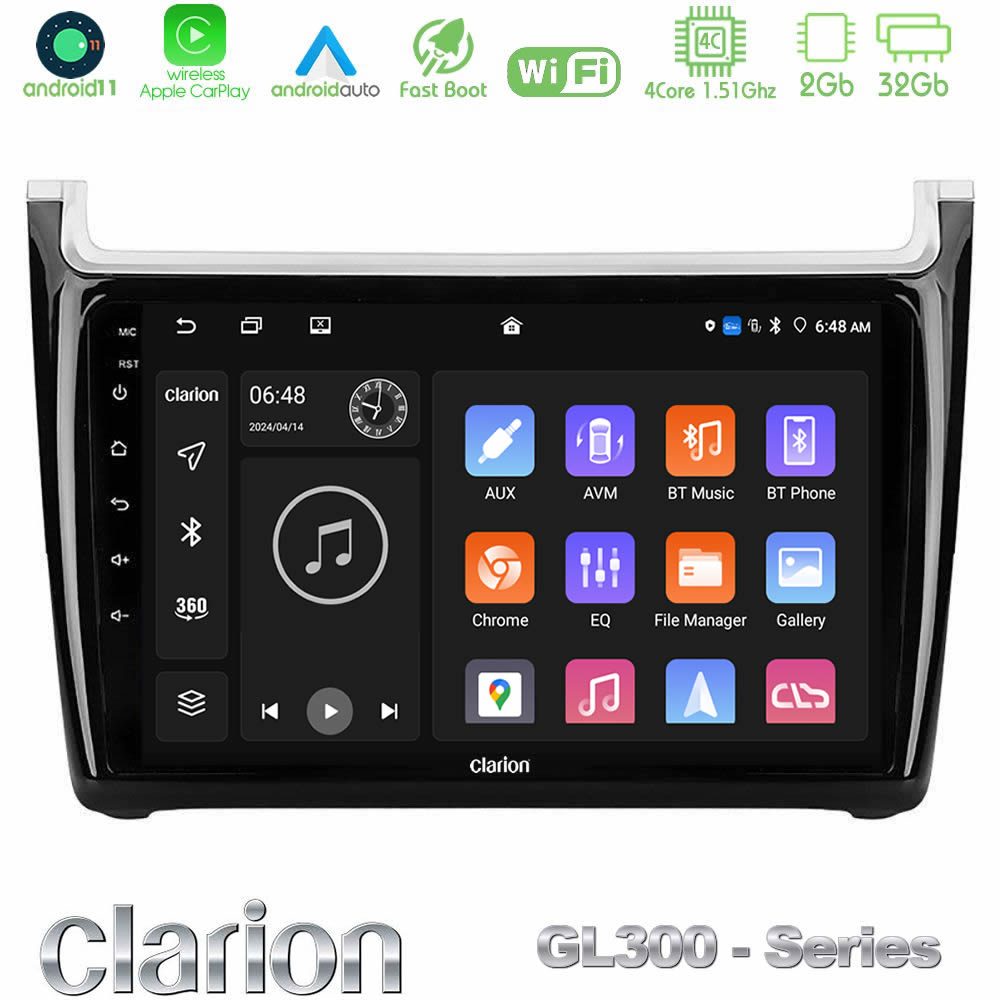 Clarion GL300 Series 4Core Android11 2+32GB Vw Polo 2014-2017 Navigation Multimedia Tablet 9" Με Carplay & Android Auto
