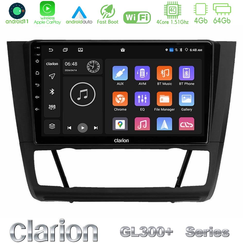 Clarion GL300+ Series 4Core Android11 4+64GB  BMW 1Series  E81/E82/E87/E88 (AUTO A/C) Navigation Multimedia Tablet 9"