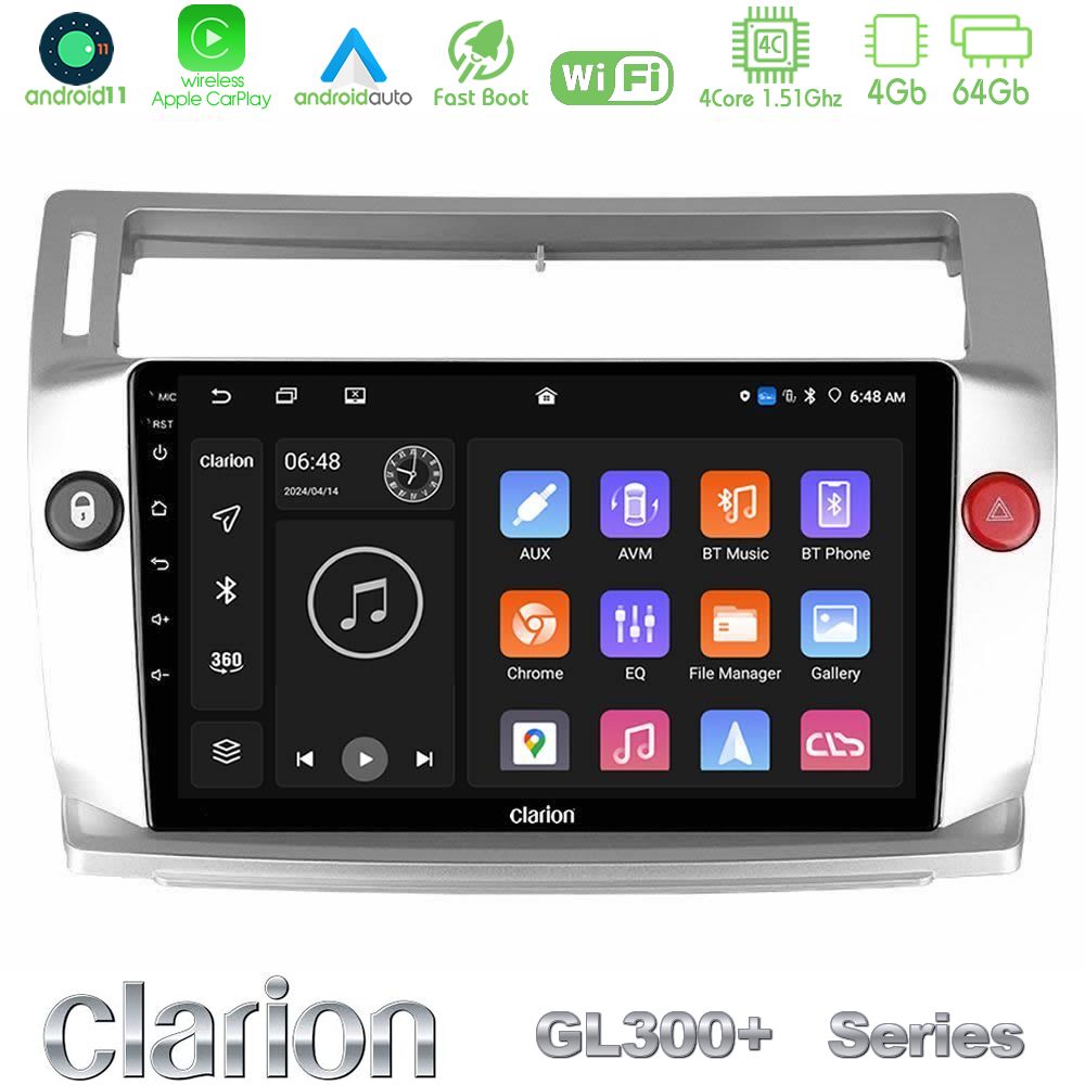 Clarion GL300+ Series 4Core Android11 4+64GB  Citroen C4 2004-2010 Navigation Multimedia Tablet 9"