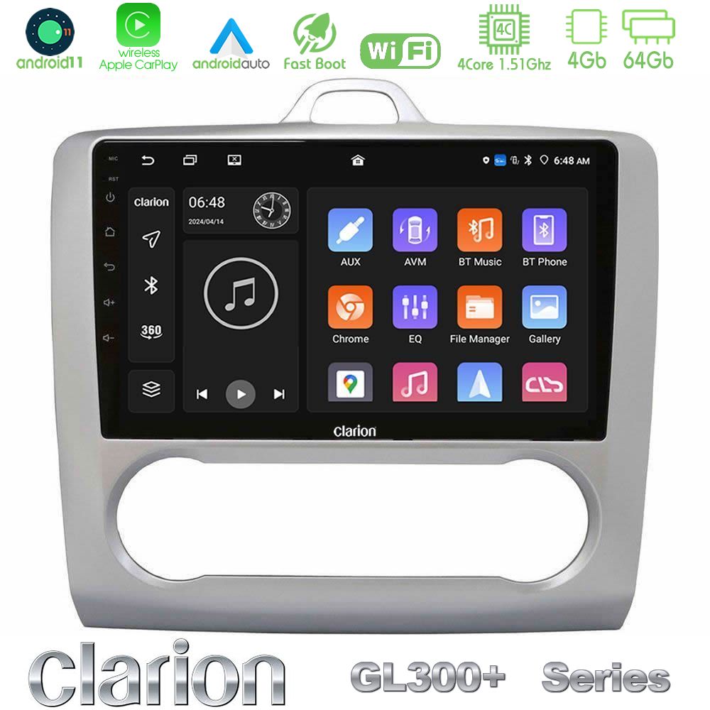 Clarion GL300+ Series 4Core Android11 4+64GB Ford Focus Auto AC Navigation Multimedia Tablet 9"