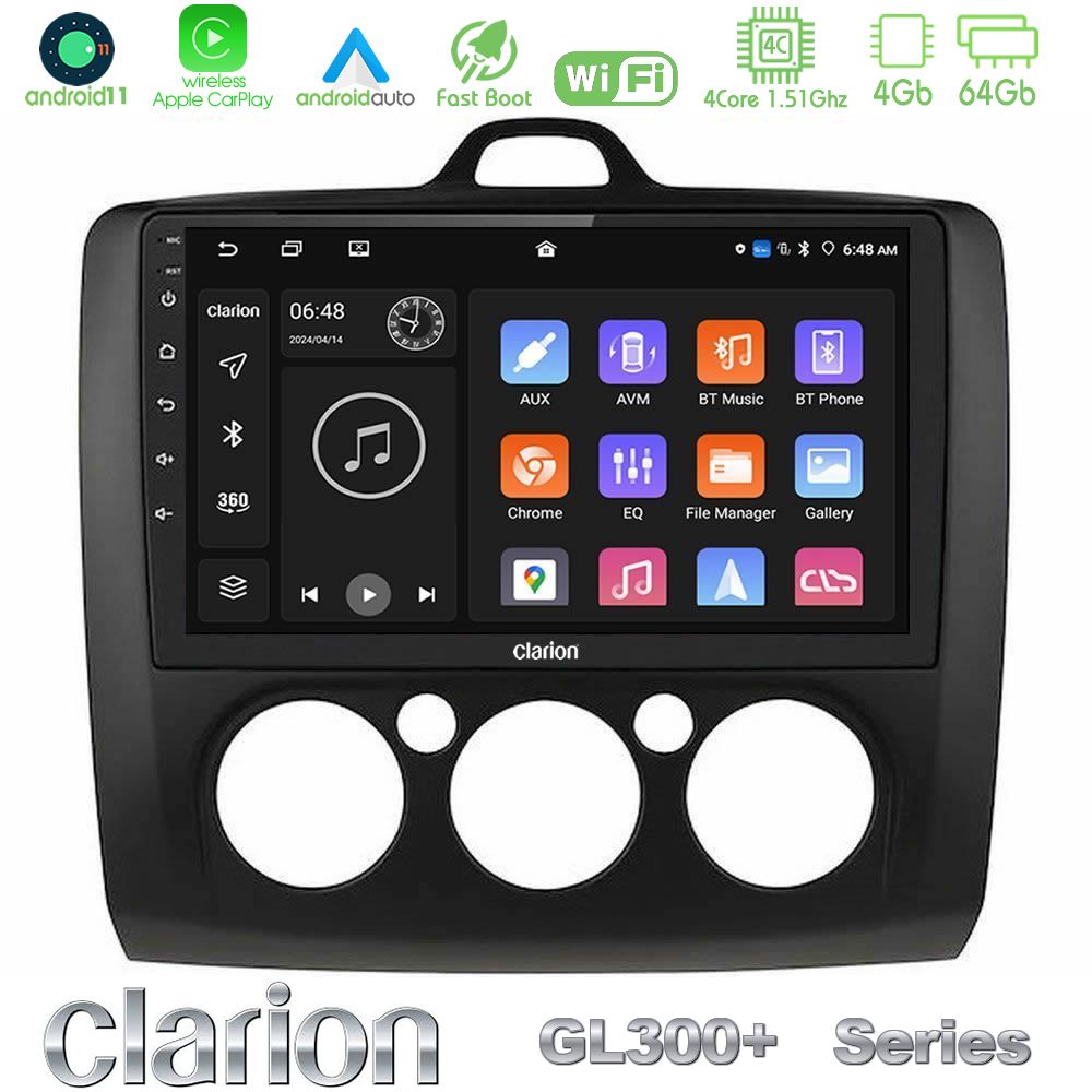Clarion GL300+ Series 4Core Android11 4+64GB Ford Focus Manual AC Navigation Multimedia Tablet 9" (Μαύρο Χρώμα)