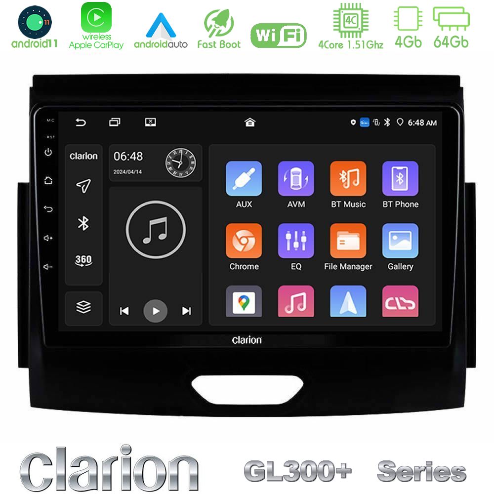 Clarion GL300+ Series 4Core Android11 4+64GB Ford Ranger 2017-2022 Navigation Multimedia Tablet 9"