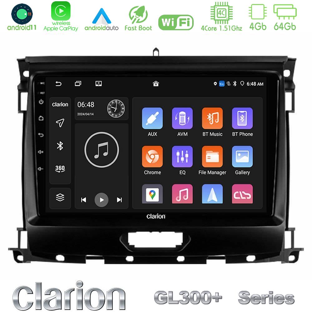 Clarion GL300+ Series 4Core Android11 4+64GB Ford Ranger 2017-2022 Navigation Multimedia Tablet 9"