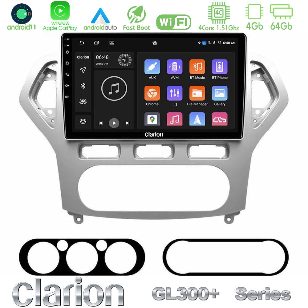 Clarion GL300+ Series 4Core Android11 4+64GB Ford Mondeo 2007-2010 AUTO A/C Navigation Multimedia Tablet 10"