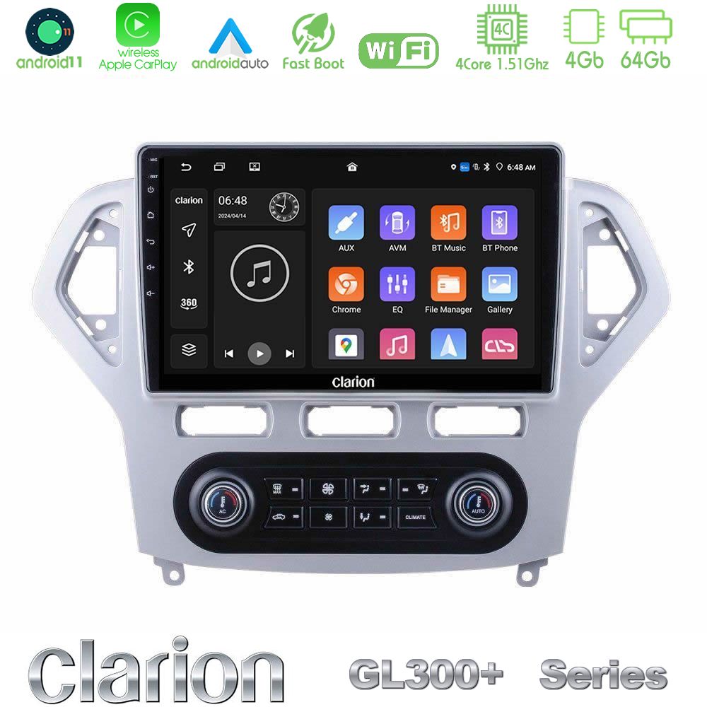 Clarion GL300+ Series 4Core Android11 4+64GB Ford Mondeo 2007-2011 (Auto A/C) Navigation Multimedia Tablet 10"