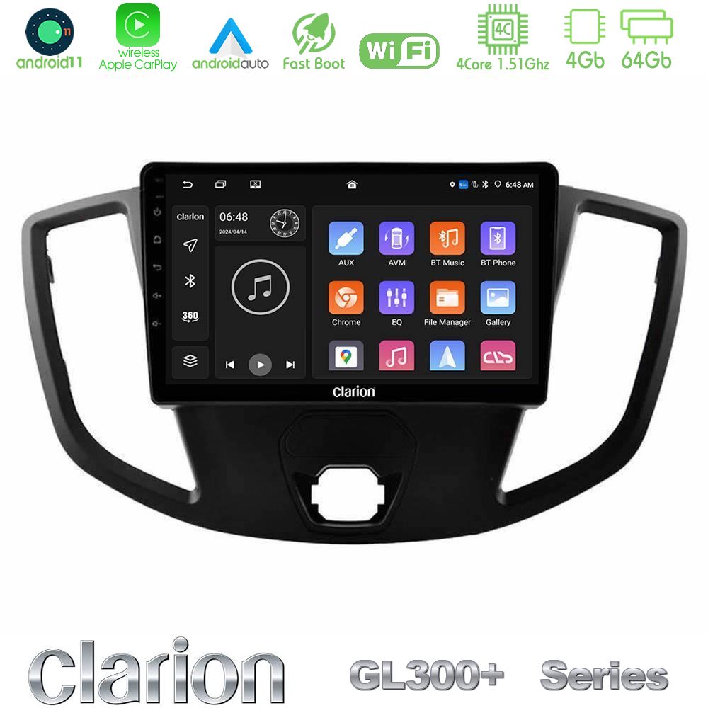 Clarion GL300+ Series 4Core Android11 4+64GB Ford Transit 2014-> Navigation Multimedia Tablet 9"