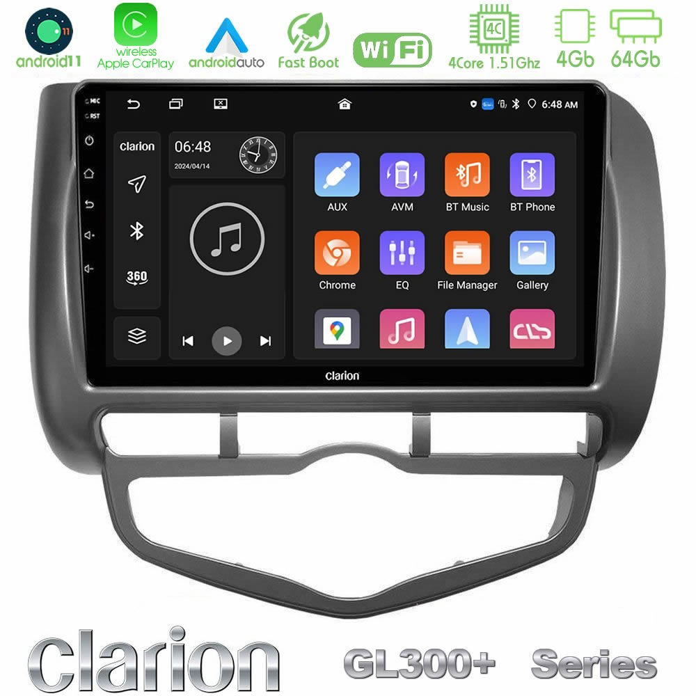 Clarion GL300+ Series 4Core Android11 4+64GB Honda Jazz 2002-2008 (Auto A/C) Navigation Multimedia Tablet 9"