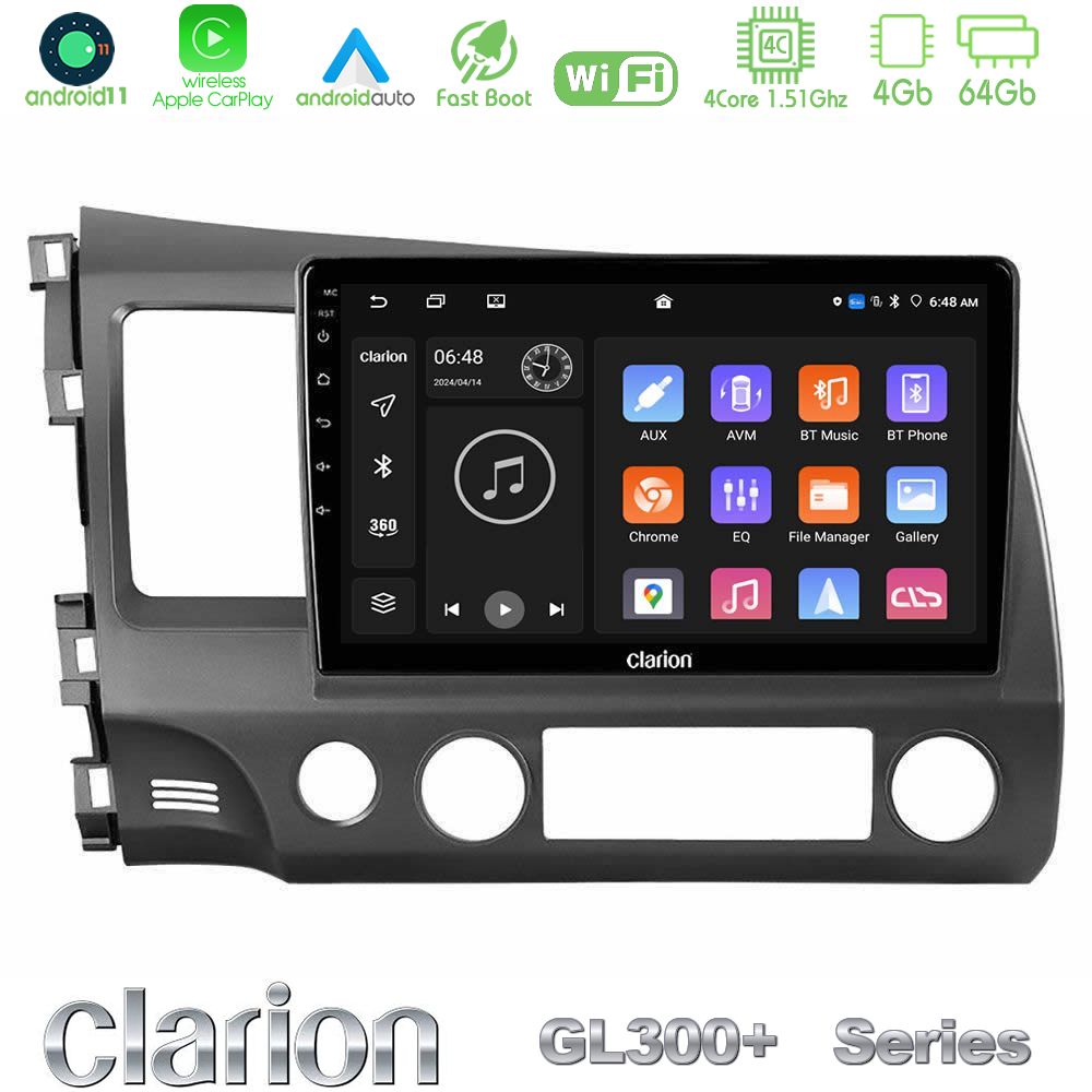 Clarion GL300+ Series 4Core Android11 4+64GB Honda Civic 2006-2011 Navigation Multimedia Tablet 9"