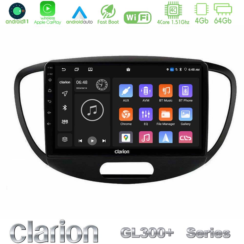 Clarion GL300+ Series 4Core Android11 4+64GB  Hyundai i10 2008-2014 Navigation Multimedia Tablet 9"