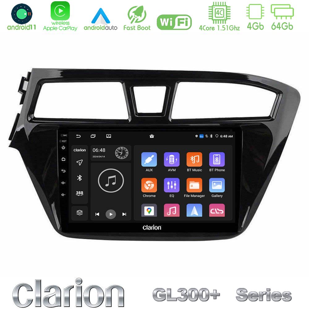 Clarion GL300+ Series 4Core Android11 4+64GB  Hyundai i20 2014-2018 Navigation Multimedia Tablet 9"
