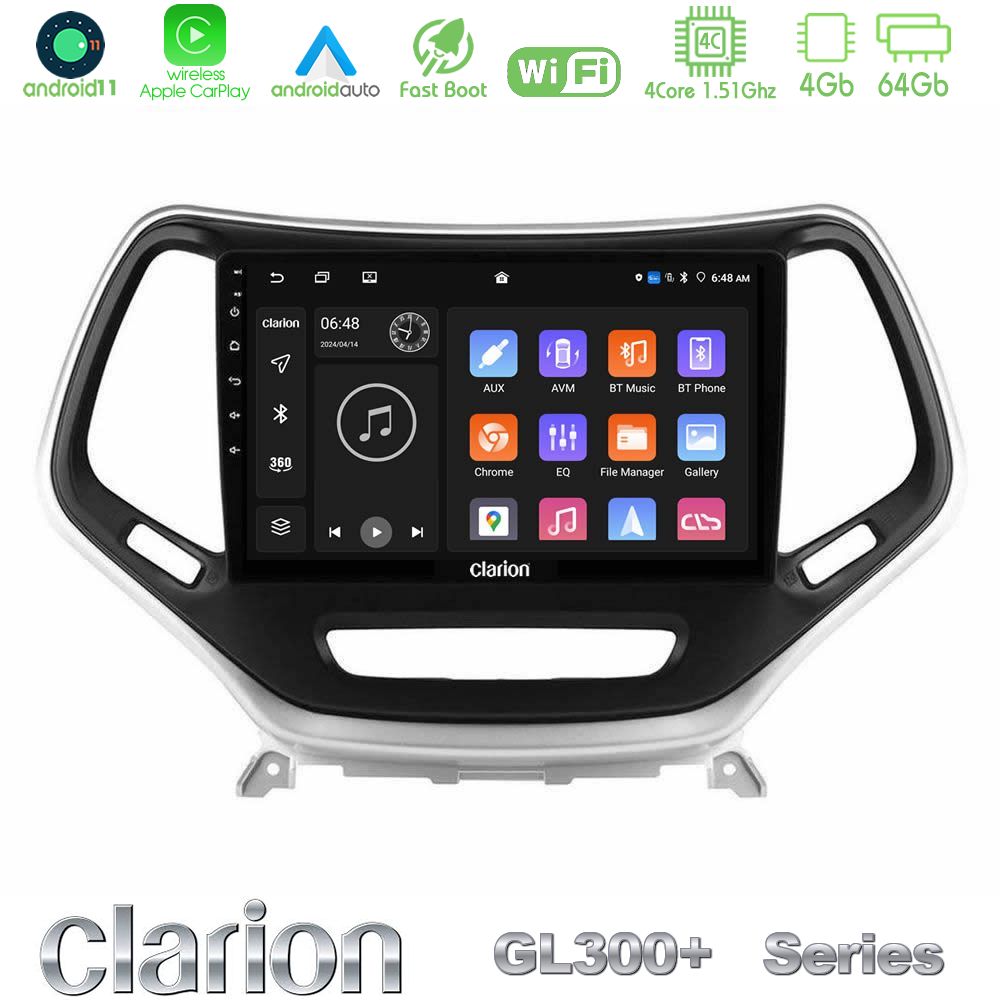 Clarion GL300+ Series 4Core Android11 4+64GB  Jeep Cherokee 2014-2019 Navigation Multimedia Tablet 9" (Ασημί Χρώμα)