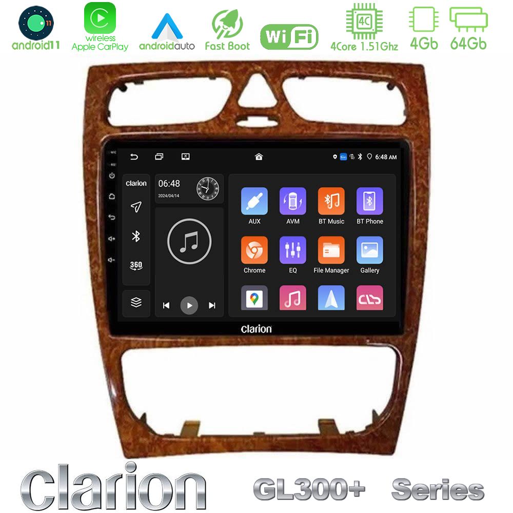 Clarion GL300+ Series 4Core Android11 4+64GB  Mercedes C Class (W203) Navigation Multimedia Tablet 9" (Wooden Style)