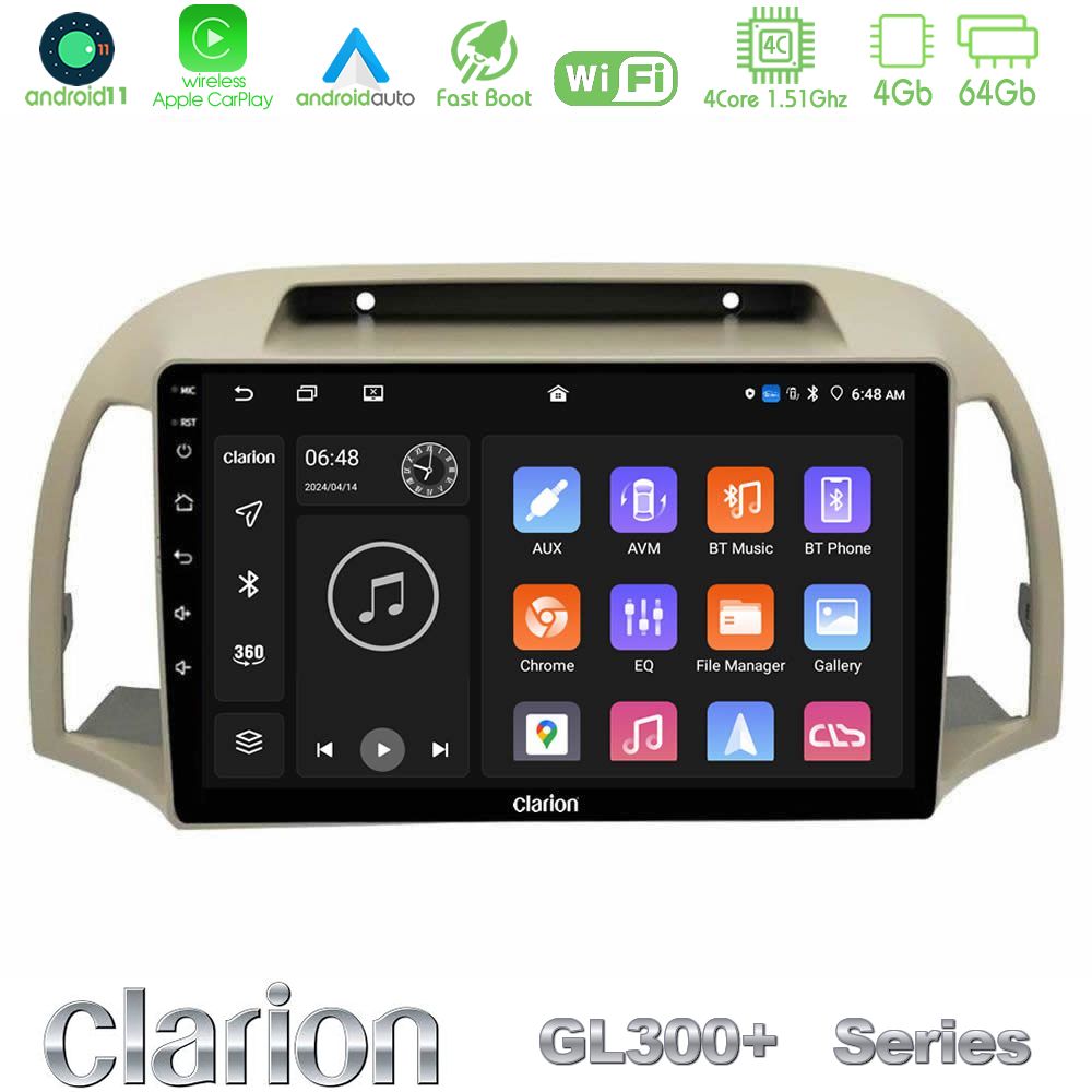Clarion GL300+ Series 4Core Android11 4+64GB  Nissan Micra K12 2002-2010 Navigation Multimedia Tablet 9"