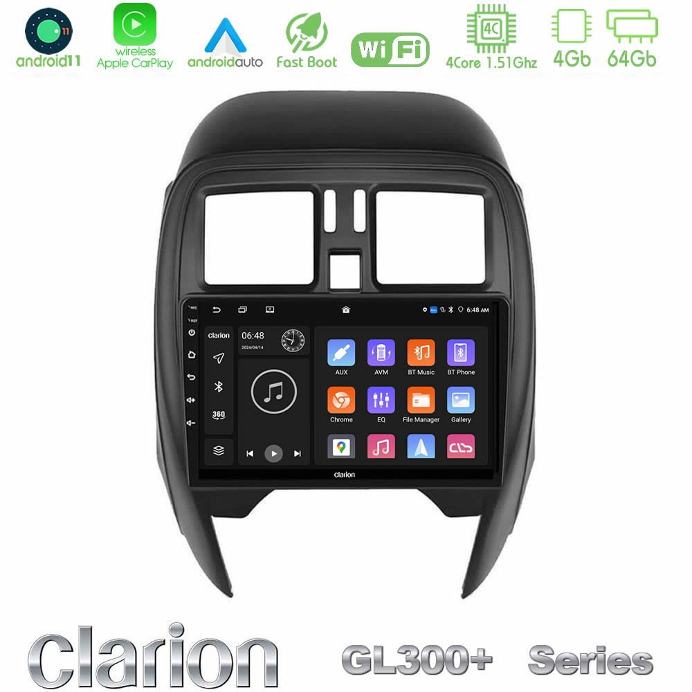 Clarion GL300+ Series 4Core Android11 4+64GB  Nissan Micra 2013-2016 Navigation Multimedia Tablet 9"