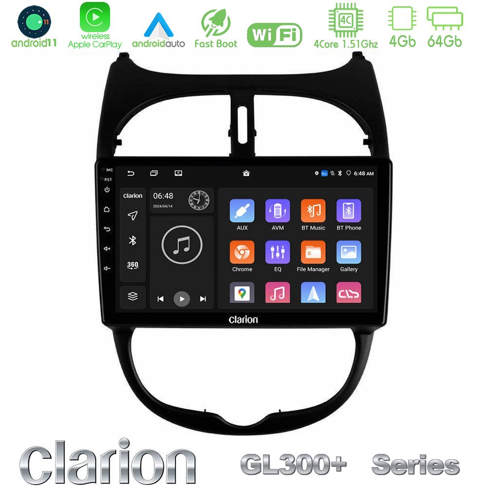 Clarion GL300+ Series 4Core Android11 4+64GB Peugeot 206 Navigation Multimedia Tablet 9"