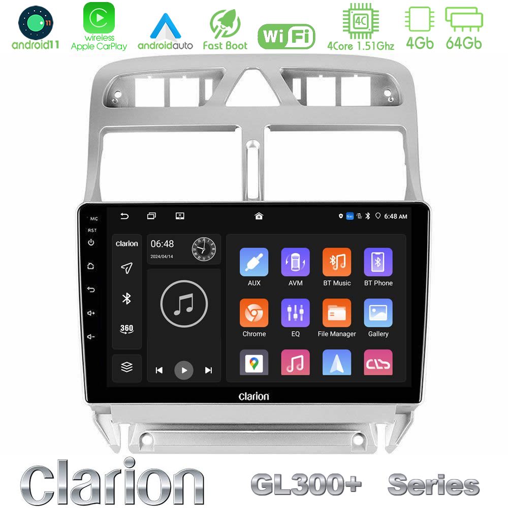 Clarion GL300+ Series 4Core Android11 4+64GB Peugeot 307 2002-2008 Navigation Multimedia Tablet 9"